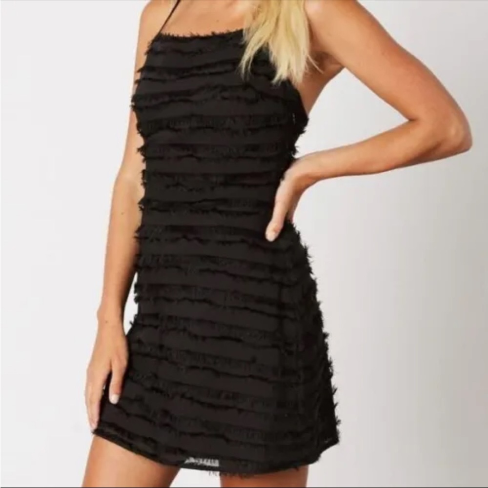 Cotton Candy LA Women's Black Square Neck Fringe Cocktail Dress Size M